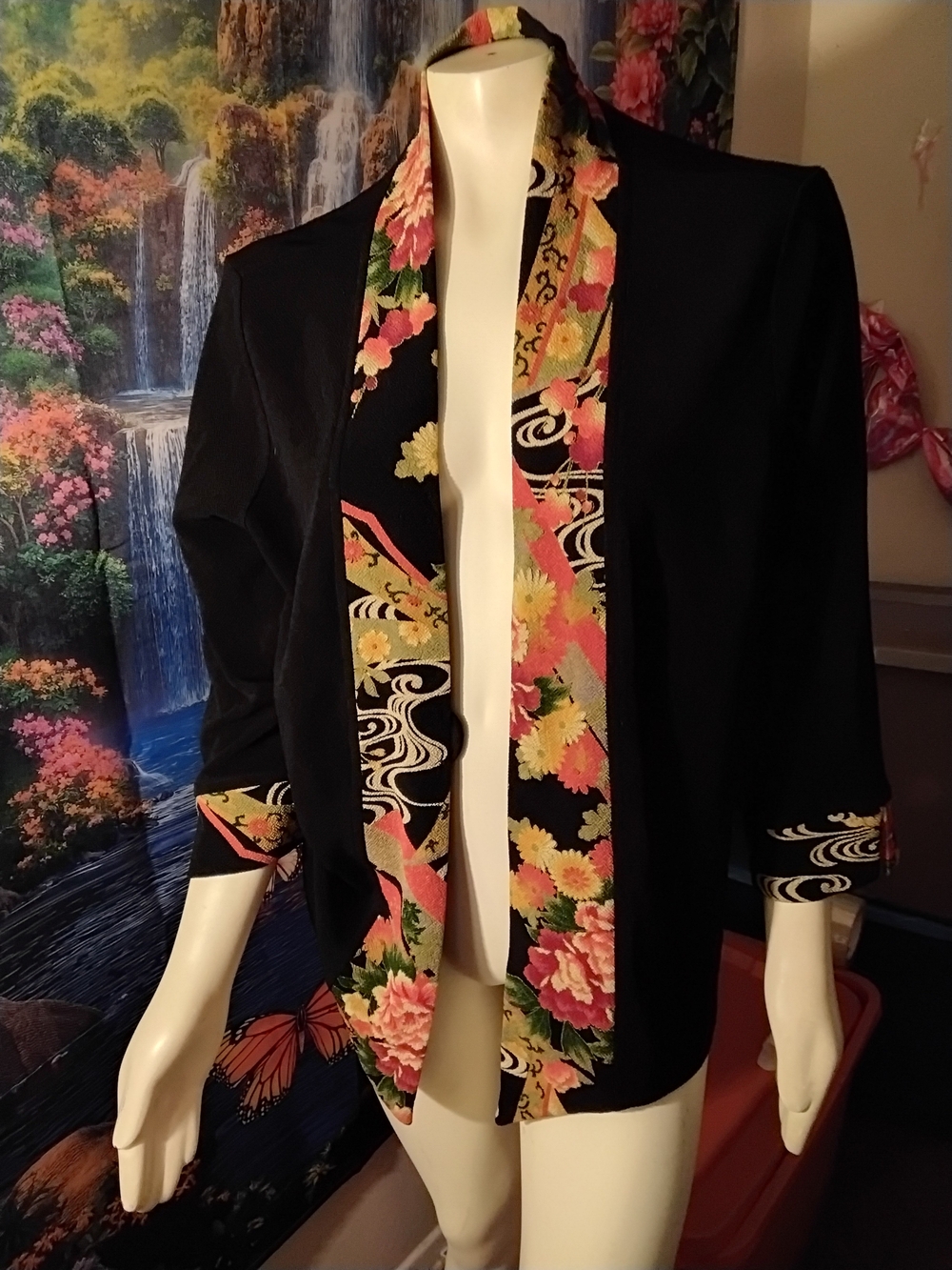 Soft Surroundings Black Kimono Jacket Floral Trim Women's Size Large NEW